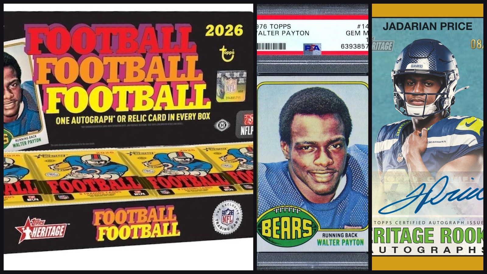 Topps Heritage Football 2026 hobby box beside a 1976 Topps Walter Payton #148 rookie in a PSA 10 slab and a Jadarian Price Heritage Rookie Autographs Gold card